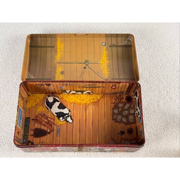 Vintage Tin Litho Barn Farm Animals Storage Box With Lid/Latch - Picture 9 of 15